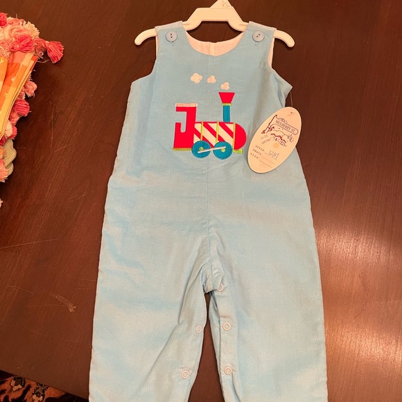 Baby Blue Holiday Train Overalls - Picture 1 of 4
